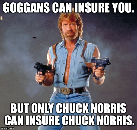 Chuck Norris Guns Meme | GOGGANS CAN INSURE YOU. BUT ONLY CHUCK NORRIS CAN INSURE CHUCK NORRIS. | image tagged in memes,chuck norris guns,chuck norris | made w/ Imgflip meme maker