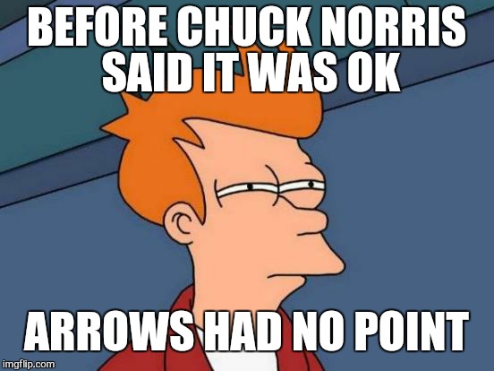 Futurama Fry Meme | BEFORE CHUCK NORRIS SAID IT WAS OK ARROWS HAD NO POINT | image tagged in memes,futurama fry | made w/ Imgflip meme maker