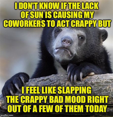 Confession Bear | I DON'T KNOW IF THE LACK OF SUN IS CAUSING MY COWORKERS TO ACT CRAPPY BUT; I FEEL LIKE SLAPPING THE CRAPPY BAD MOOD RIGHT OUT OF A FEW OF THEM TODAY | image tagged in memes,confession bear | made w/ Imgflip meme maker