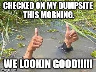 FLOODING THUMBS UP | CHECKED ON MY DUMPSITE THIS MORNING. WE LOOKIN GOOD!!!!! | image tagged in flooding thumbs up | made w/ Imgflip meme maker