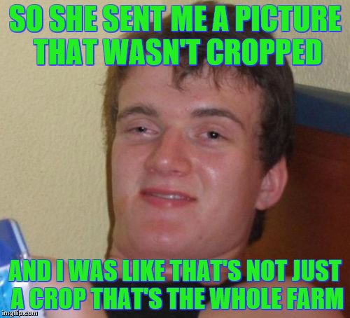 10 Guy Meme | SO SHE SENT ME A PICTURE THAT WASN'T CROPPED; AND I WAS LIKE THAT'S NOT JUST A CROP THAT'S THE WHOLE FARM | image tagged in memes,10 guy,raydog,photoshop | made w/ Imgflip meme maker