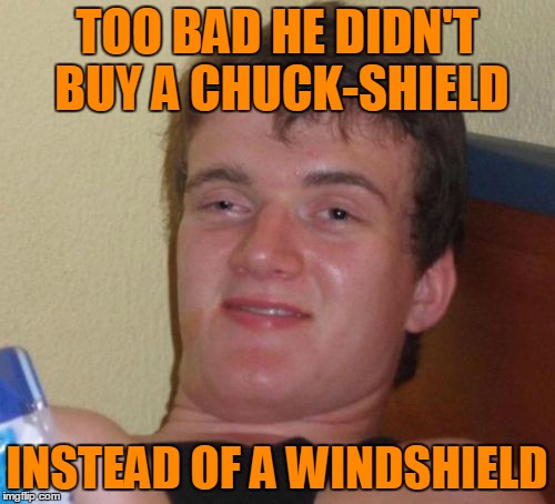 10 Guy Meme | TOO BAD HE DIDN'T BUY A CHUCK-SHIELD INSTEAD OF A WINDSHIELD | image tagged in memes,10 guy | made w/ Imgflip meme maker