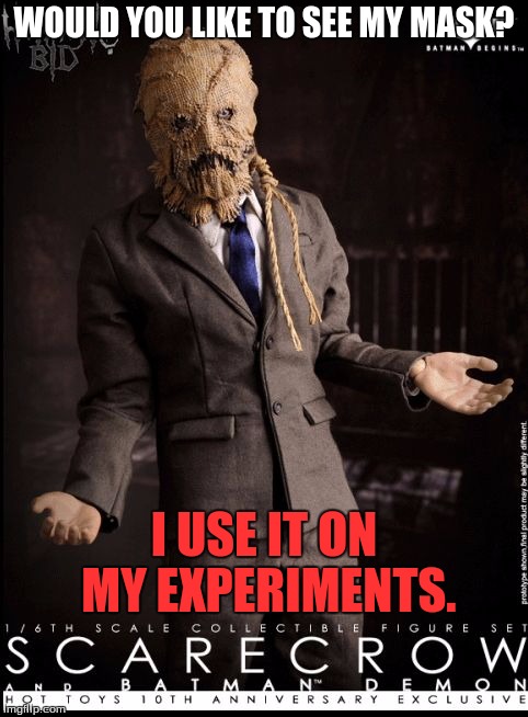 ScareCrow Talk! | WOULD YOU LIKE TO SEE MY MASK? I USE IT ON MY EXPERIMENTS. | image tagged in scarecrow talk | made w/ Imgflip meme maker