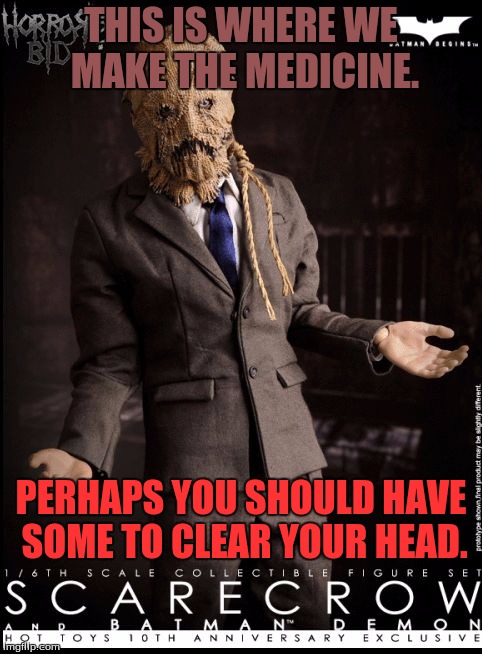 ScareCrow Talk! | THIS IS WHERE WE MAKE THE MEDICINE. PERHAPS YOU SHOULD HAVE SOME TO CLEAR YOUR HEAD. | image tagged in scarecrow talk | made w/ Imgflip meme maker