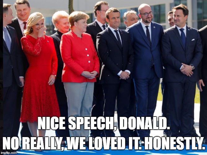 Trump NATO speech reaction | NO REALLY, WE LOVED IT. HONESTLY. NICE SPEECH, DONALD. | image tagged in trump,nato | made w/ Imgflip meme maker