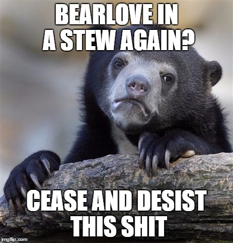 Confession Bear | BEARLOVE IN A STEW AGAIN? CEASE AND DESIST THIS SHIT | image tagged in memes,confession bear | made w/ Imgflip meme maker