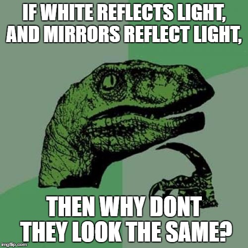 Philosoraptor | IF WHITE REFLECTS LIGHT, AND MIRRORS REFLECT LIGHT, THEN WHY DONT THEY LOOK THE SAME? | image tagged in memes,philosoraptor | made w/ Imgflip meme maker