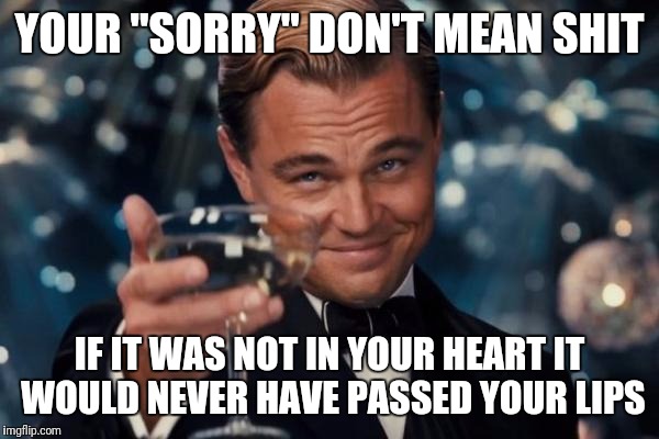 Leonardo Dicaprio Cheers Meme | YOUR "SORRY" DON'T MEAN SHIT; IF IT WAS NOT IN YOUR HEART IT WOULD NEVER HAVE PASSED YOUR LIPS | image tagged in memes,leonardo dicaprio cheers | made w/ Imgflip meme maker