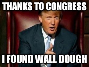 Donald Trump |  THANKS TO CONGRESS; I FOUND WALL DOUGH | image tagged in donald trump,memes | made w/ Imgflip meme maker