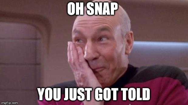 You Just Got Told | OH SNAP; YOU JUST GOT TOLD | image tagged in snap,told,i told you,you got told,oh snap,picard smirk | made w/ Imgflip meme maker