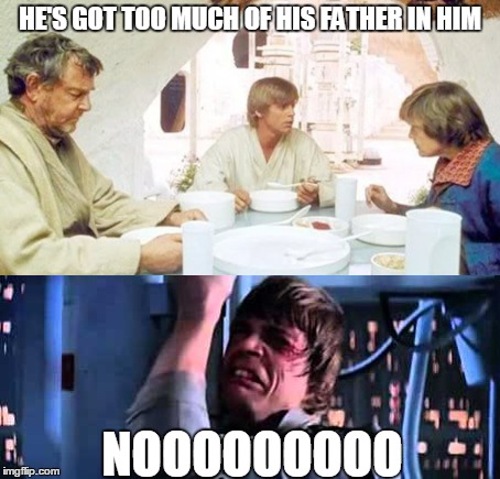 Luke finds out that Darth Vader was right about his destiny  | HE'S GOT TOO MUCH OF HIS FATHER IN HIM; NOOOOOOOOO | image tagged in memes,funny,funny memes | made w/ Imgflip meme maker