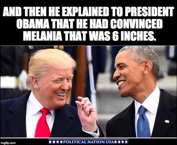 AND THEN HE EXPLAINED TO PRESIDENT OBAMA THAT HE HAD CONVINCED MELANIA THAT WAS 6 INCHES. | image tagged in nevertrump,never trump,nevertrump meme,dump trump,dumptrump,dump the trump | made w/ Imgflip meme maker
