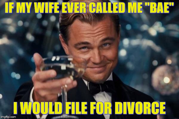 Leonardo Dicaprio Cheers Meme | IF MY WIFE EVER CALLED ME "BAE" I WOULD FILE FOR DIVORCE | image tagged in memes,leonardo dicaprio cheers | made w/ Imgflip meme maker
