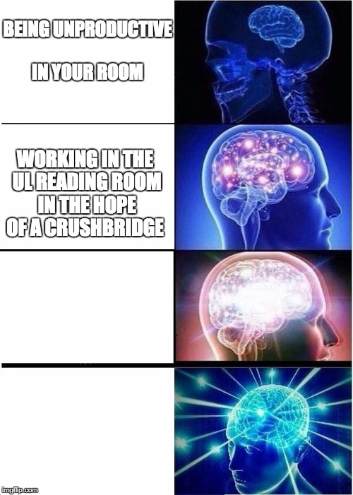 Expanding Brain Meme | BEING UNPRODUCTIVE IN YOUR ROOM; WORKING IN THE UL READING ROOM IN THE HOPE OF A CRUSHBRIDGE | image tagged in expanding brain | made w/ Imgflip meme maker