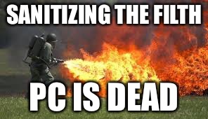 PC is Dead!!! | SANITIZING THE FILTH; PC IS DEAD | image tagged in flames,political correctness,cucks,progressives,political memes,clean | made w/ Imgflip meme maker