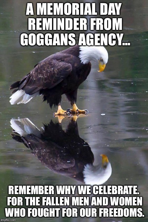 Existential Patriotic Eagle | A MEMORIAL DAY REMINDER FROM GOGGANS AGENCY... REMEMBER WHY WE CELEBRATE. FOR THE FALLEN MEN AND WOMEN WHO FOUGHT FOR OUR FREEDOMS. | image tagged in existential patriotic eagle | made w/ Imgflip meme maker