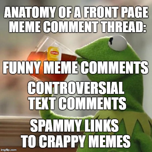 But That's None Of My Business Meme | ANATOMY OF A FRONT PAGE MEME COMMENT THREAD:; FUNNY MEME COMMENTS; CONTROVERSIAL TEXT COMMENTS; SPAMMY LINKS TO CRAPPY MEMES | image tagged in memes,but thats none of my business,kermit the frog | made w/ Imgflip meme maker