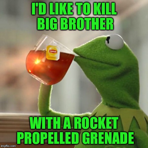 But That's None Of My Business Meme | I'D LIKE TO KILL BIG BROTHER WITH A ROCKET PROPELLED GRENADE | image tagged in memes,but thats none of my business,kermit the frog | made w/ Imgflip meme maker