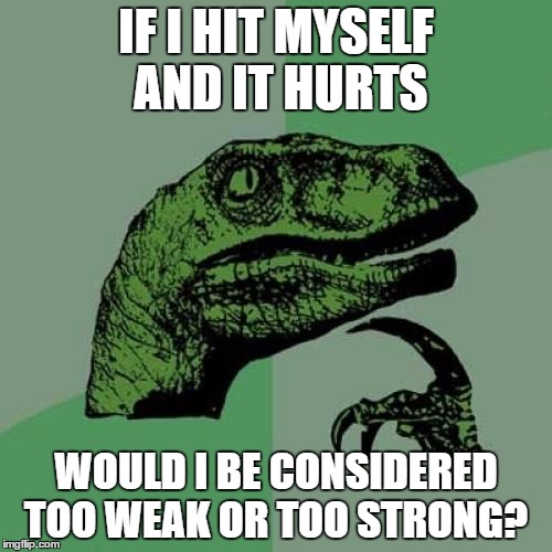 Philosoraptor | IF I HIT MYSELF AND IT HURTS; WOULD I BE CONSIDERED TOO WEAK OR TOO STRONG? | image tagged in memes,philosoraptor | made w/ Imgflip meme maker