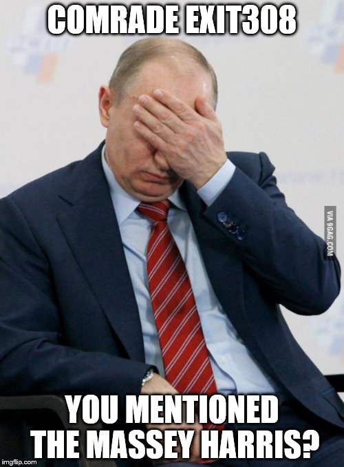Putin Facepalm | COMRADE EXIT308; YOU MENTIONED THE MASSEY HARRIS? | image tagged in putin facepalm | made w/ Imgflip meme maker