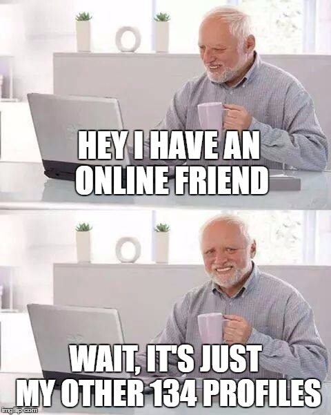 Online friend | HEY I HAVE AN ONLINE FRIEND; WAIT, IT'S JUST MY OTHER 134 PROFILES | image tagged in memes,hide the pain harold | made w/ Imgflip meme maker