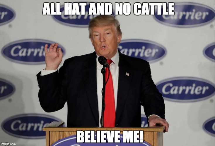 Trump Failure | ALL HAT AND NO CATTLE; BELIEVE ME! | image tagged in trump,carrier,jobs,mexico,promises | made w/ Imgflip meme maker