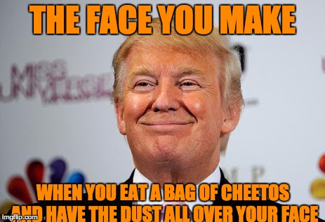 When you have cheetos on your face | THE FACE YOU MAKE; WHEN YOU EAT A BAG OF CHEETOS AND HAVE THE DUST ALL OVER YOUR FACE | image tagged in donald trump approves,political memes,memes,cheetos | made w/ Imgflip meme maker