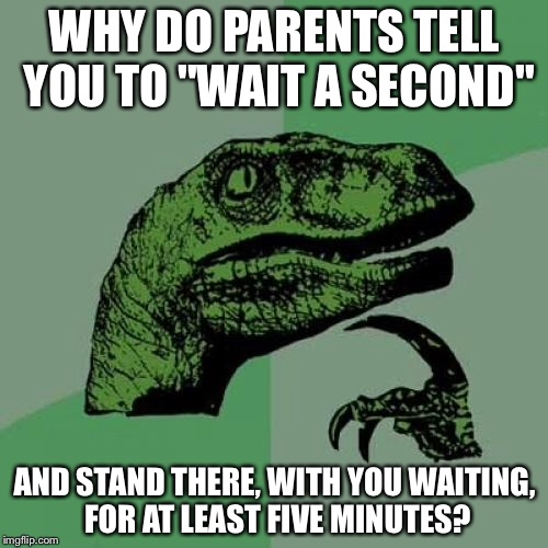 Philosoraptor Meme | WHY DO PARENTS TELL YOU TO "WAIT A SECOND" AND STAND THERE, WITH YOU WAITING, FOR AT LEAST FIVE MINUTES? | image tagged in memes,philosoraptor | made w/ Imgflip meme maker