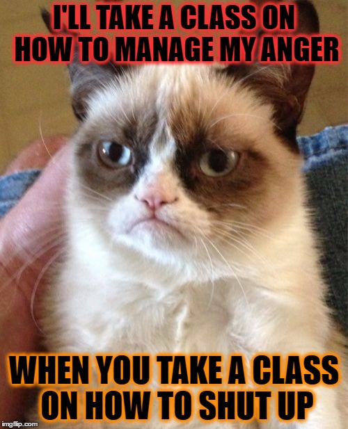 Grumpy Cat | I'LL TAKE A CLASS ON HOW TO MANAGE MY ANGER; WHEN YOU TAKE A CLASS ON HOW TO SHUT UP | image tagged in memes,grumpy cat | made w/ Imgflip meme maker