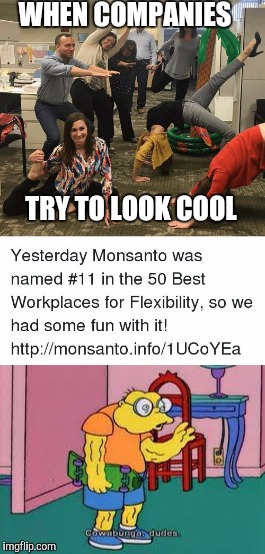 Flexible Monsanto | WHEN COMPANIES; TRY TO LOOK COOL | image tagged in corporations,funny | made w/ Imgflip meme maker