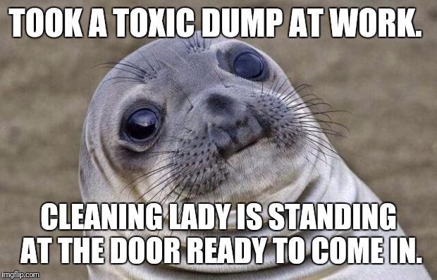 Awkward Seal | TOOK A TOXIC DUMP AT WORK. CLEANING LADY IS STANDING AT THE DOOR READY TO COME IN. | image tagged in awkward seal | made w/ Imgflip meme maker