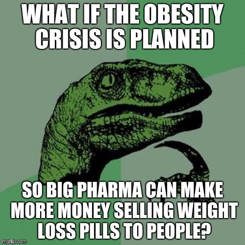 Philosoraptor Meme | WHAT IF THE OBESITY CRISIS IS PLANNED; SO BIG PHARMA CAN MAKE MORE MONEY SELLING WEIGHT LOSS PILLS TO PEOPLE? | image tagged in memes,philosoraptor | made w/ Imgflip meme maker