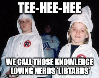 Kool Kid Klan | TEE-HEE-HEE; WE CALL THOSE KNOWLEDGE LOVING NERDS 'LIBTARDS' | image tagged in memes,kool kid klan,libtard,conservatives,trumpanzee,kkk | made w/ Imgflip meme maker
