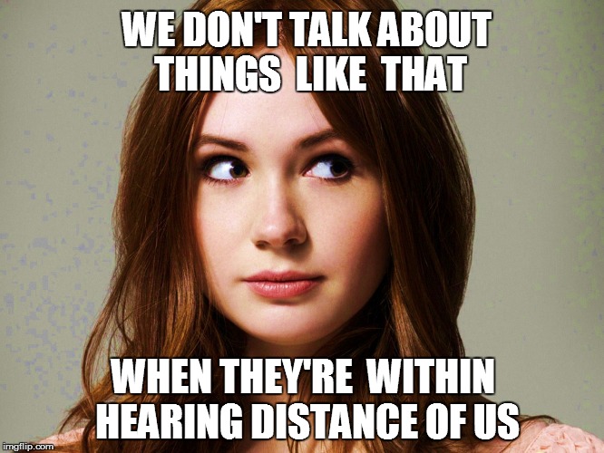 WE DON'T TALK ABOUT THINGS  LIKE  THAT WHEN THEY'RE  WITHIN HEARING DISTANCE OF US | made w/ Imgflip meme maker