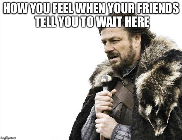Brace Yourselves X is Coming | HOW YOU FEEL WHEN YOUR FRIENDS TELL YOU TO WAIT HERE | image tagged in memes,brace yourselves x is coming | made w/ Imgflip meme maker