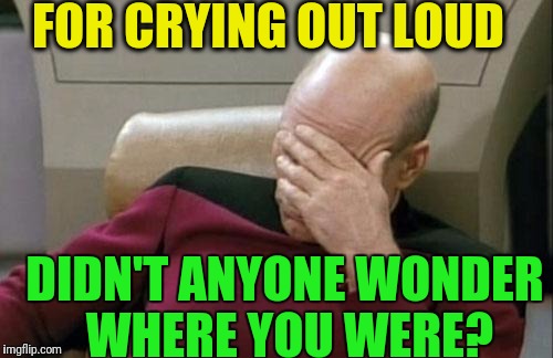 Captain Picard Facepalm Meme | FOR CRYING OUT LOUD DIDN'T ANYONE WONDER WHERE YOU WERE? | image tagged in memes,captain picard facepalm | made w/ Imgflip meme maker