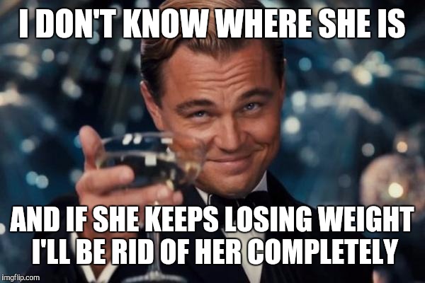 Leonardo Dicaprio Cheers Meme | I DON'T KNOW WHERE SHE IS AND IF SHE KEEPS LOSING WEIGHT I'LL BE RID OF HER COMPLETELY | image tagged in memes,leonardo dicaprio cheers | made w/ Imgflip meme maker