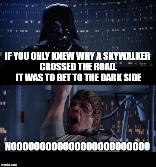 40 years of dad jokes | IF YOU ONLY KNEW WHY A SKYWALKER CROSSED THE ROAD. IT WAS TO GET TO THE DARK SIDE; NOOOOOOOOOOOOOOOOOOOOOOOO | image tagged in memes,star wars no | made w/ Imgflip meme maker