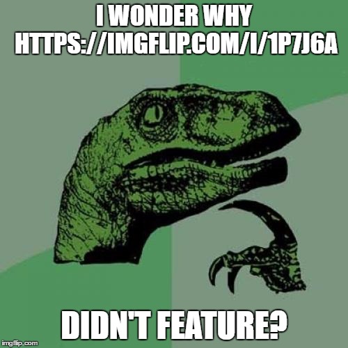 Linked in the comments. | I WONDER WHY HTTPS://IMGFLIP.COM/I/1P7J6A; DIDN'T FEATURE? | image tagged in memes,philosoraptor,long meme | made w/ Imgflip meme maker