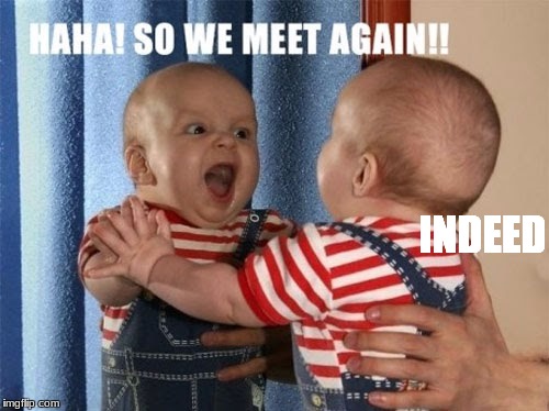 When twins see each other again that are complete villains to each other | INDEED | image tagged in meme's,funny,babys,so we meet again | made w/ Imgflip meme maker