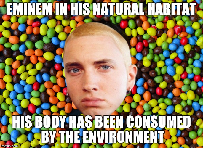 CRAAZY MNMS | EMINEM IN HIS NATURAL HABITAT; HIS BODY HAS BEEN CONSUMED BY THE ENVIRONMENT | image tagged in eminem,eminem funny | made w/ Imgflip meme maker