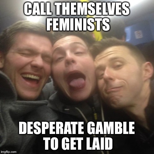 CALL THEMSELVES FEMINISTS; DESPERATE GAMBLE TO GET LAID | image tagged in trojan feminist | made w/ Imgflip meme maker