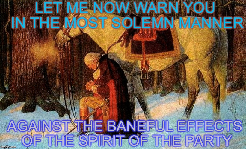 Farewell Address | LET ME NOW WARN YOU IN THE MOST SOLEMN MANNER; AGAINST THE BANEFUL EFFECTS OF THE SPIRIT OF THE PARTY | image tagged in george washington,memes,famous quotes | made w/ Imgflip meme maker