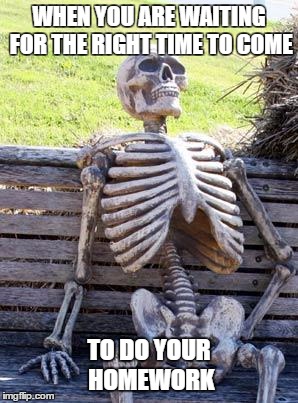 Waiting Skeleton Meme | WHEN YOU ARE WAITING FOR THE RIGHT TIME TO COME; TO DO YOUR HOMEWORK | image tagged in memes,waiting skeleton | made w/ Imgflip meme maker