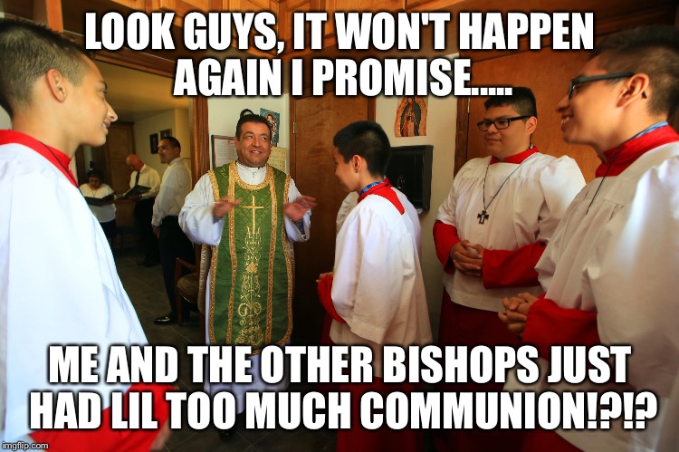 LOOK GUYS, IT WON'T HAPPEN AGAIN I PROMISE..... ME AND THE OTHER BISHOPS JUST HAD LIL TOO MUCH COMMUNION!?!? | image tagged in fuckery | made w/ Imgflip meme maker