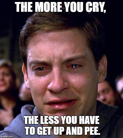 Toby McGuire Tears | THE MORE YOU CRY, THE LESS YOU HAVE TO GET UP AND PEE. | image tagged in toby mcguire tears,peeing,bathroom,funny,funny memes | made w/ Imgflip meme maker