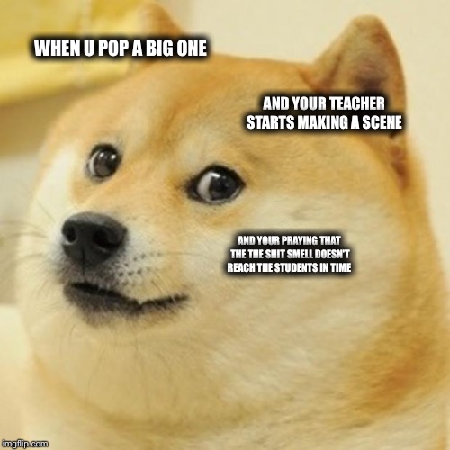 Doge Meme |  WHEN U POP A BIG ONE; AND YOUR TEACHER STARTS MAKING A SCENE; AND YOUR PRAYING THAT THE THE SHIT SMELL DOESN'T REACH THE STUDENTS IN TIME | image tagged in memes,doge | made w/ Imgflip meme maker