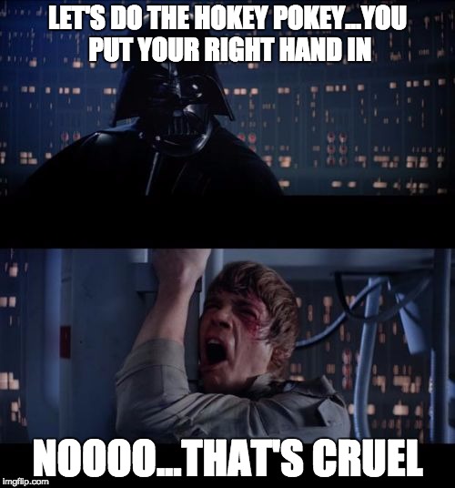 That's what it's all about. 40th Anniversary of Star Wars! | LET'S DO THE HOKEY POKEY...YOU PUT YOUR RIGHT HAND IN; NOOOO...THAT'S CRUEL | image tagged in star wars no | made w/ Imgflip meme maker