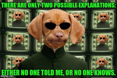 Bad Luck Raydog visits The Architect | THERE ARE ONLY TWO POSSIBLE EXPLANATIONS:; EITHER NO ONE TOLD ME, OR NO ONE KNOWS. | image tagged in memes,bad luck raydog,the matrix the architect,matrix icon | made w/ Imgflip meme maker