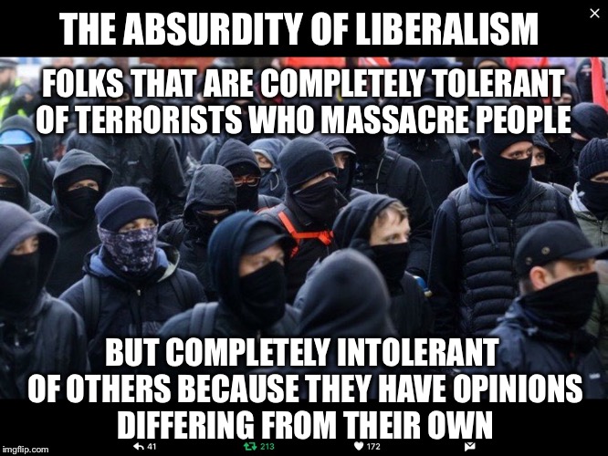 Agree or disagree, I'm okay either way  | THE ABSURDITY OF LIBERALISM; FOLKS THAT ARE COMPLETELY TOLERANT OF TERRORISTS WHO MASSACRE PEOPLE; BUT COMPLETELY INTOLERANT OF OTHERS BECAUSE THEY HAVE OPINIONS DIFFERING FROM THEIR OWN | image tagged in antifa,liberal logic,terrorism,tolerance,intolerant | made w/ Imgflip meme maker